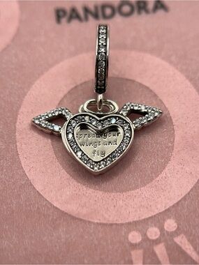 Pandora Silver Heart Wing Dangle Charm with Clear Stones